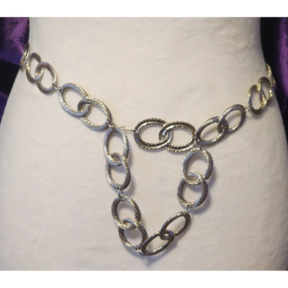 Vintage Silver Tone Textured Cable Link Chain Belt Adjustable Hook Closure Sz M